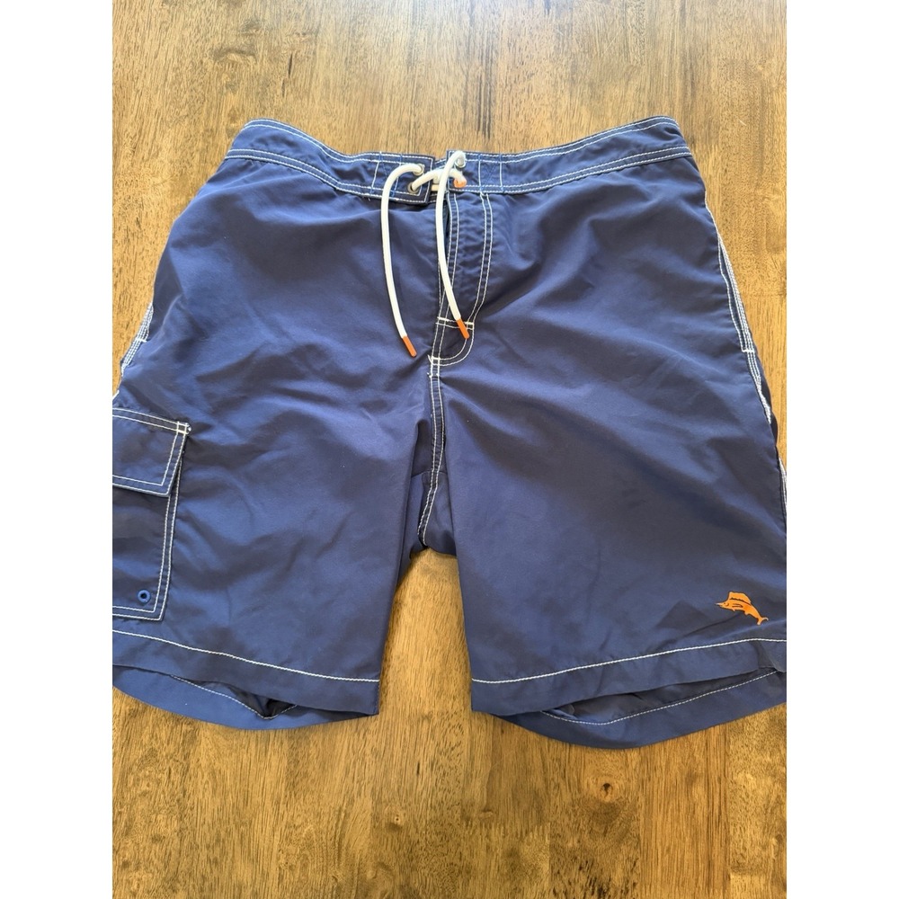 Tommy Bahama Baja Beach Blue Swim Shorts Men's L Solid Marlin Drawstring Lined